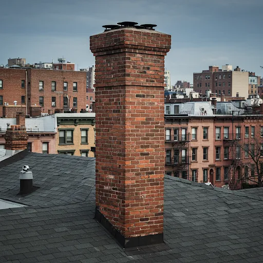 Brick chimney on residential rooftop overlooking urban apartment buildings in the Bronx neighborhood of New York City