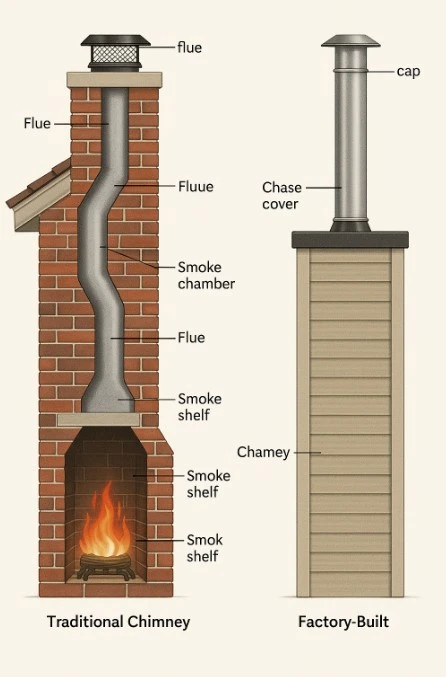 Labeled diagram comparing traditional brick masonry chimney and modern factory-built chimney systems with all parts identified