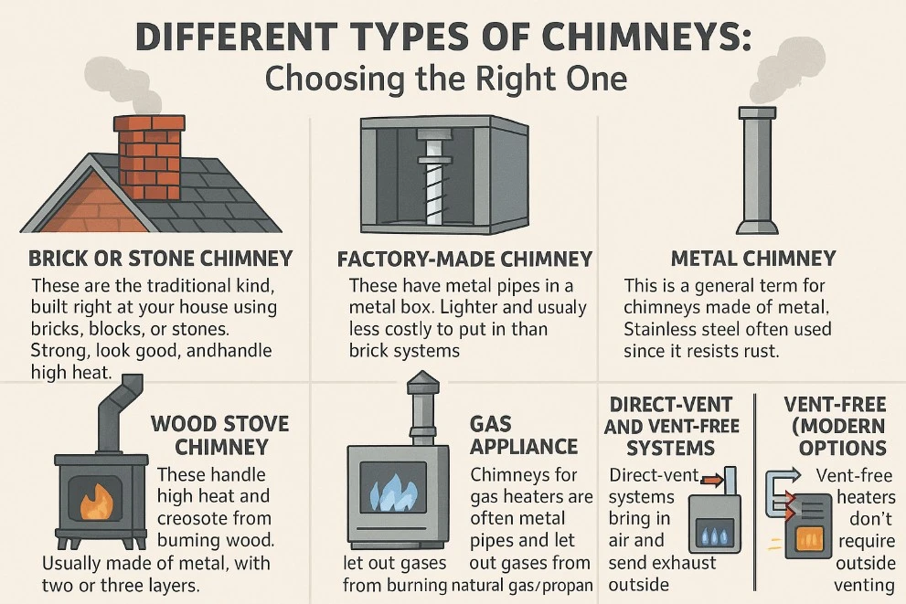 Comprehensive infographic illustrating six different types of chimneys and venting systems with descriptions of each option's features and benefits
