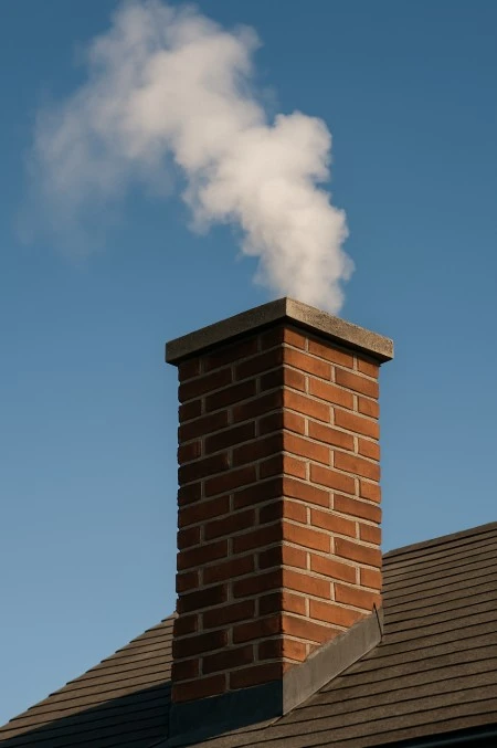 Brick chimney on residential roof emitting white smoke against clear blue sky