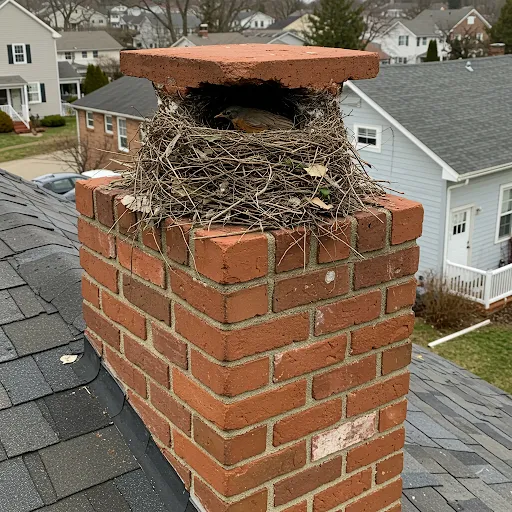 Large bird nest built inside uncapped chimney on Baldwin home causing potential blockage