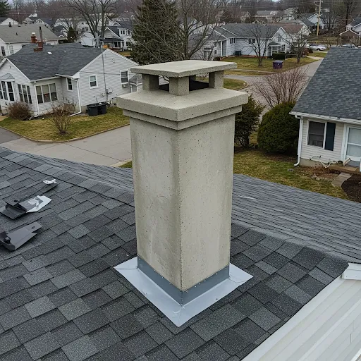 Concrete chimney with proper cap installation on residential roof in Baldwin