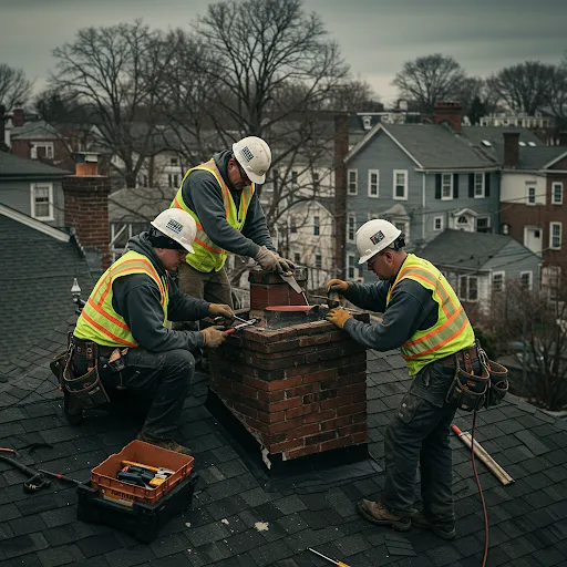 Professional roofing crew repairing brick chimney on residential home in Yonkers neighborhood
