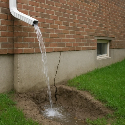 White aluminum downspout with water flowing from gutter system onto damaged foundation with visible crack on a brick house in the Bronx, New York