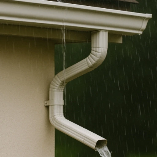 White aluminum gutter system overflowing with rainwater during heavy rainfall on a residential home in the Bronx, New York
