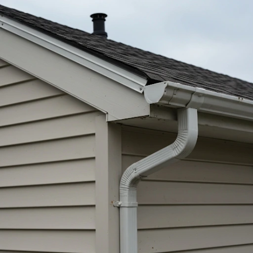 White aluminum gutter system with downspout attached to beige vinyl siding on a residential home in the Bronx, New York