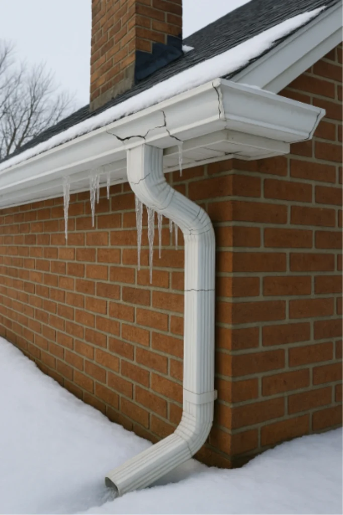 White aluminum gutter system with icicles and snow buildup on a brick home in the Bronx, New York during winter weather
