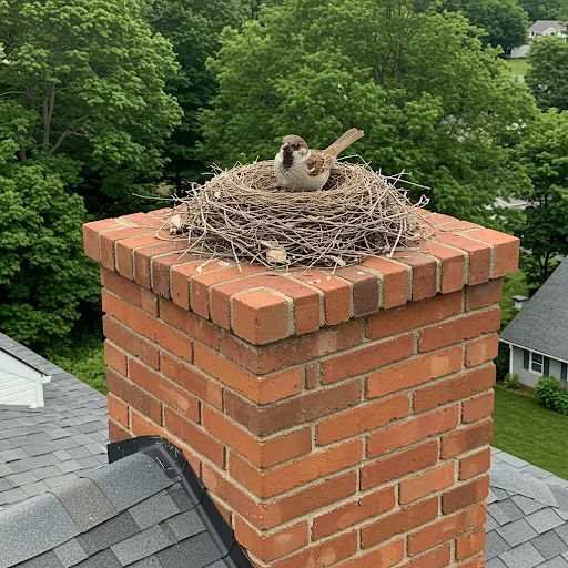Bird nest with sparrow built on top of uncapped brick chimney
