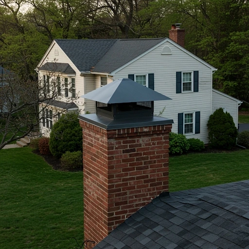 Newly installed pyramid-style chimney cap on brick chimney, protecting a two-story white colonial home with blue shutters from debris and wildlife entry while preventing water damage