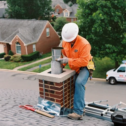 Professional chimney technician installing stainless steel chimney flue liner on brick masonry chimney of residential home, wearing safety equipment while ensuring proper ventilation and protection from combustion gases