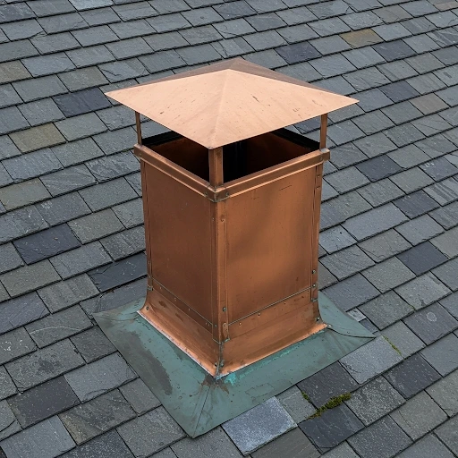 Custom copper chimney cap with pyramid-style top installed on slate roof, featuring solid copper construction for long-lasting weather protection and prevention of debris entry while adding architectural elegance