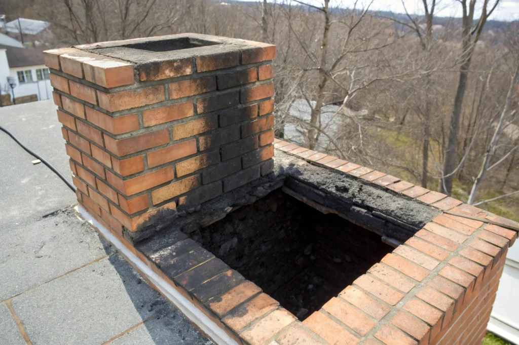 Brick chimney showing severe creosote buildup chimney New York damage with black staining and deterioration on rooftop
