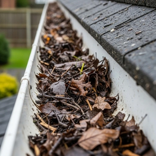 White residential gutter filled with decomposing leaves and organic debris requiring professional gutter cleaning New York maintenance services