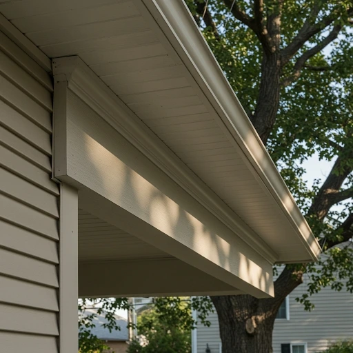 White house fascia board and soffit with tan vinyl siding, showing clean roofline installation with tree in background