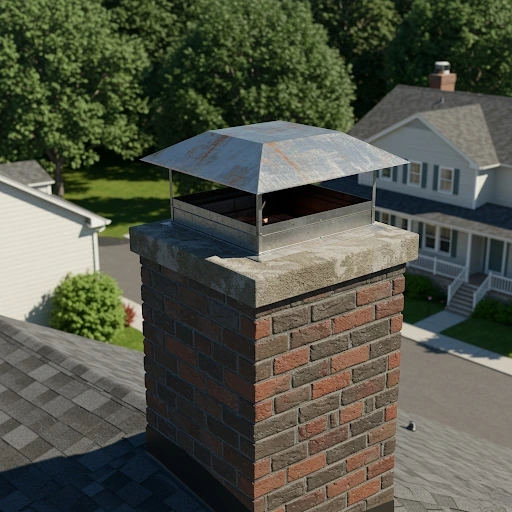 Metal chimney cap with pyramid-style roof installed on brick masonry chimney, providing protection from debris and animals while preventing moisture damage to residential home