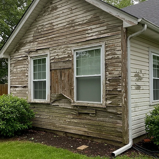 Severely weathered and damaged wood siding on a New York home showing peeling paint, warped boards, and deteriorated window trim in urgent need of professional repair or replacement