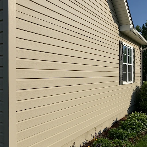 Professionally installed beige horizontal vinyl siding on a New York residential home featuring gray shutters, white trim, and clean finishing around window casings