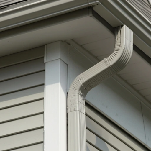 White aluminum downspout with multiple angle bends installed on corner of house with white vinyl siding, showing professional gutter system installation