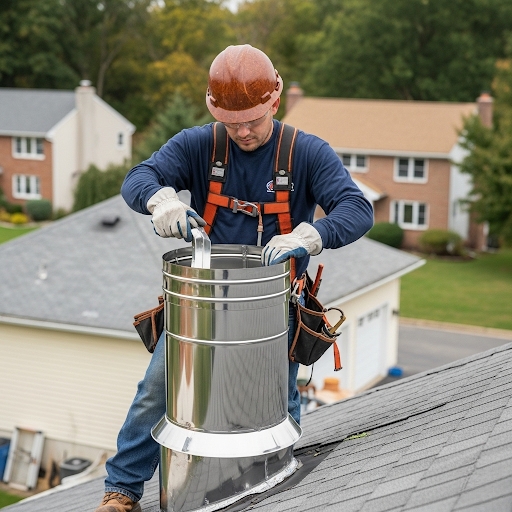 Professional installer securing stainless steel chimney liner on residential roof, wearing safety harness and hard hat while ensuring proper fit and connection for optimal ventilation and fire safety