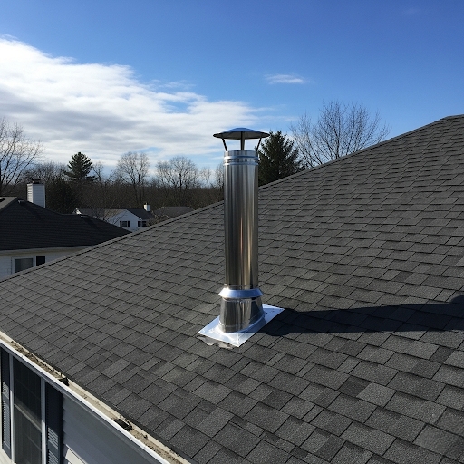 Newly installed stainless steel chimney liner with rain cap extending from residential asphalt shingle roof, providing proper ventilation and protection from weather elements while ensuring safe exhaust flow