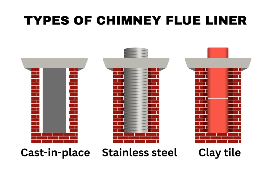 Informational diagram showing three types of chimney flue liner options: cast-in-place concrete (gray), stainless steel flexible liner (metallic), and clay tile liner (red), each illustrated within brick chimney cross-sections