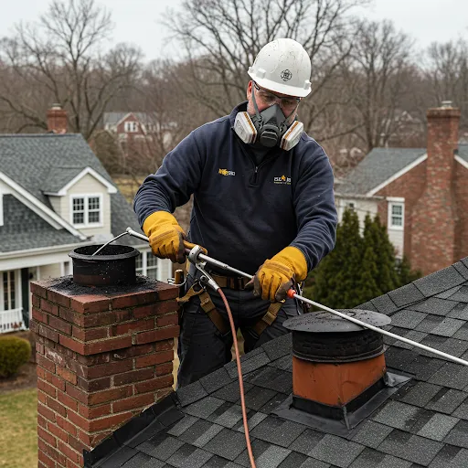 Professional chimney sweep wearing safety gear cleaning brick chimney on residential roof in Westchester County