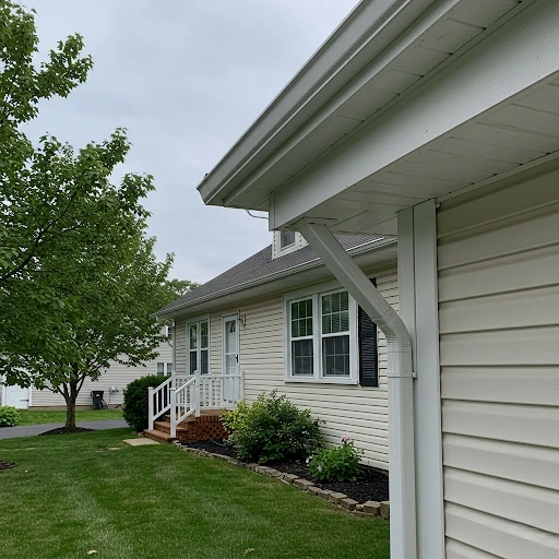 White house fascia and gutter system on a vinyl-sided home, showing clean roofline detail with landscaped yard and green tree in foreground