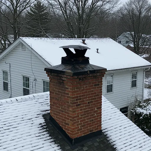 Snow-covered roof with brick chimney showing blocked cap and potential ventilation issues in winter