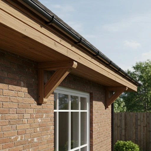 Wooden house fascia with dark rain gutter mounted above brick exterior wall, featuring decorative wooden brackets supporting roof overhang