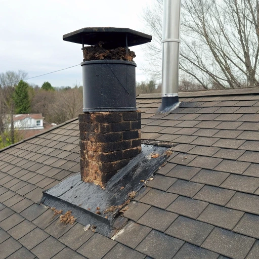 Creosote Buildup Chimney showing dark staining and deterioration on rooftop chimney structure requiring professional cleaning and maintenance